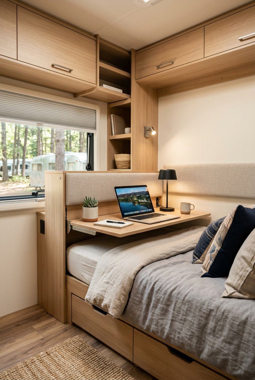 A camper bedroom with a fold-down headboard that converts into a desk, showing a bed and workspace inside an RV.