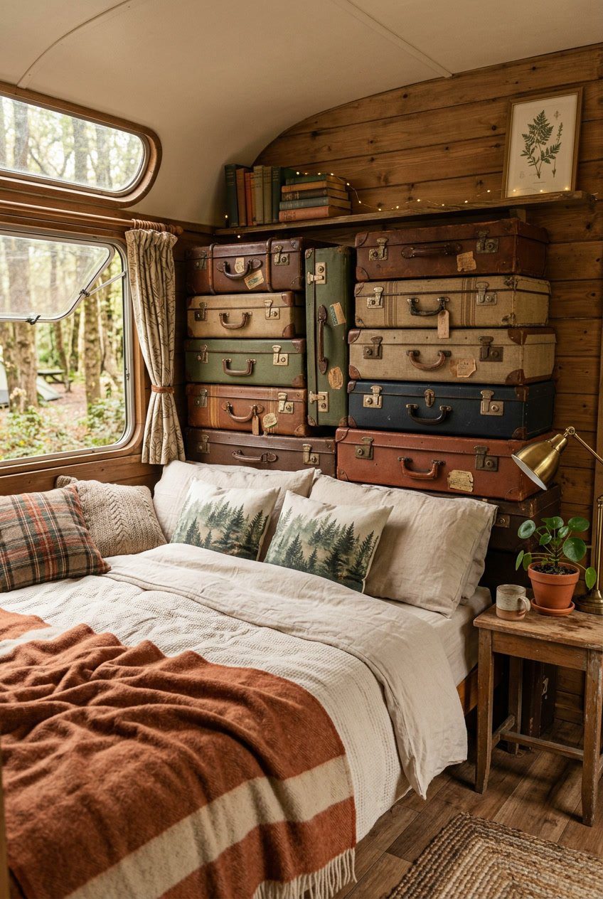 Camper bedroom with a headboard made from stacked vintage suitcases and a neatly made bed.