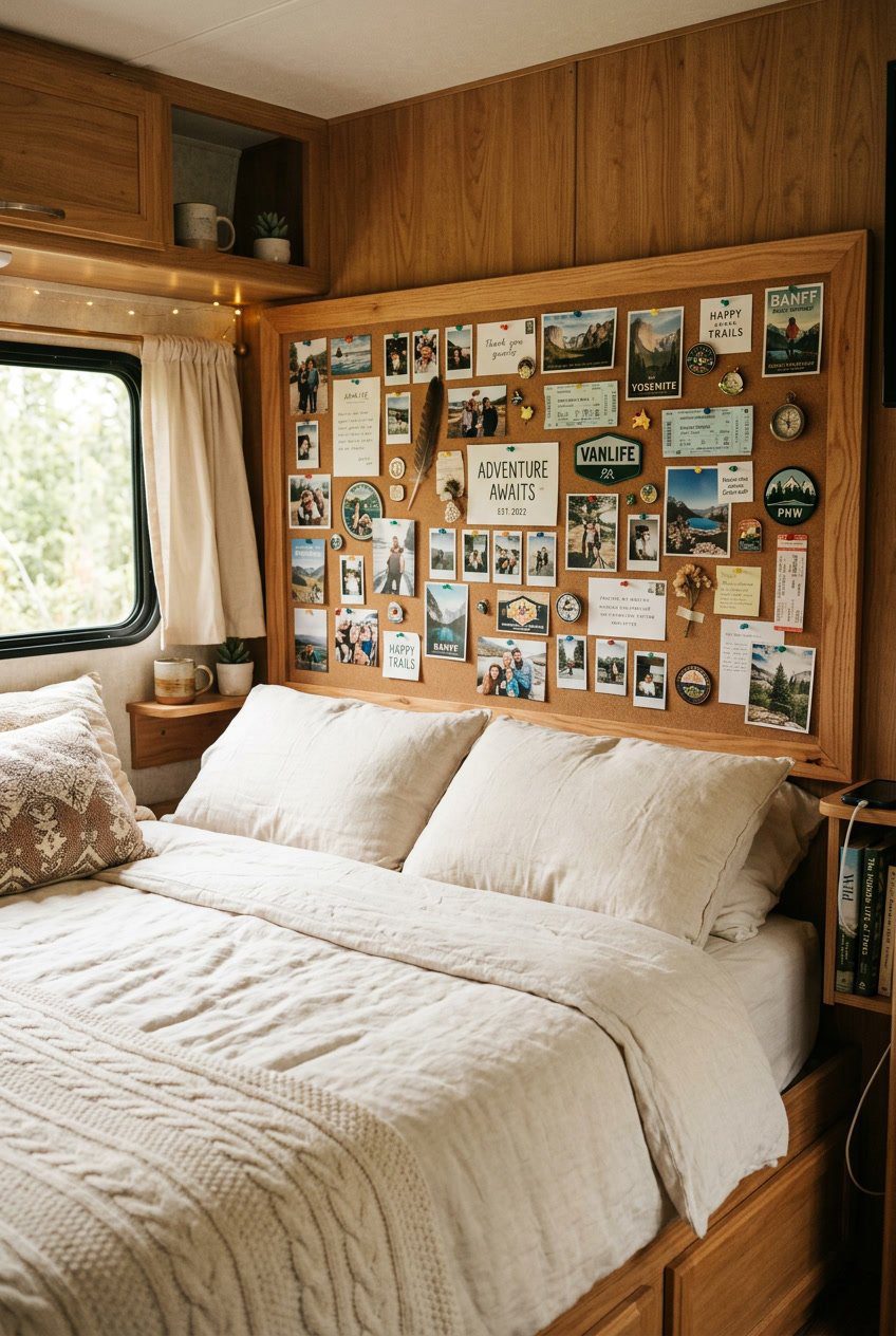Camper bedroom with a corkboard headboard displaying pinned photos and keepsakes above a neatly made bed.