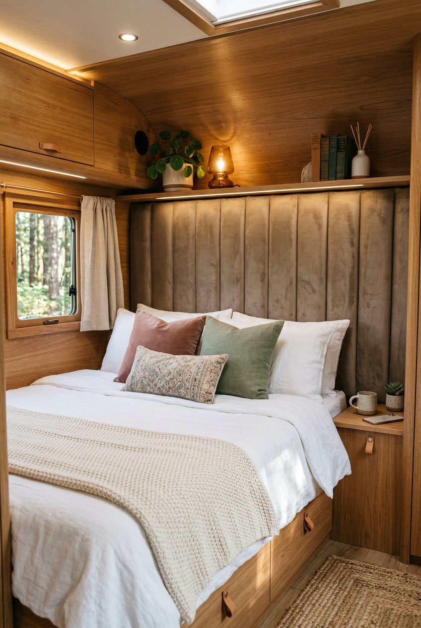 A camper bedroom with a velvet channel-tufted headboard, neatly made bed, and cozy, compact interior.