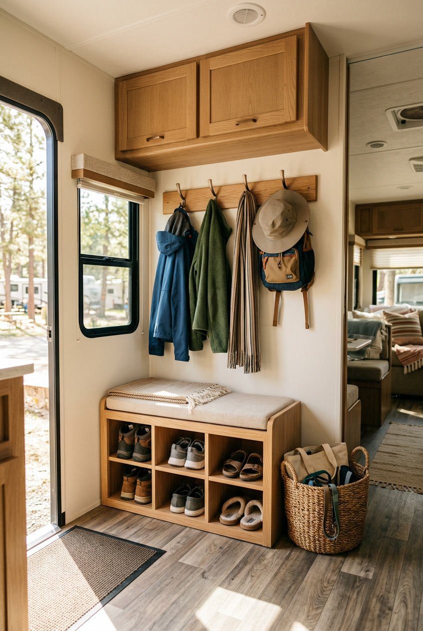 An organized RV entryway with shoes stored in cubbies, coats hanging on a wall rack, and bags placed in a basket on the floor.