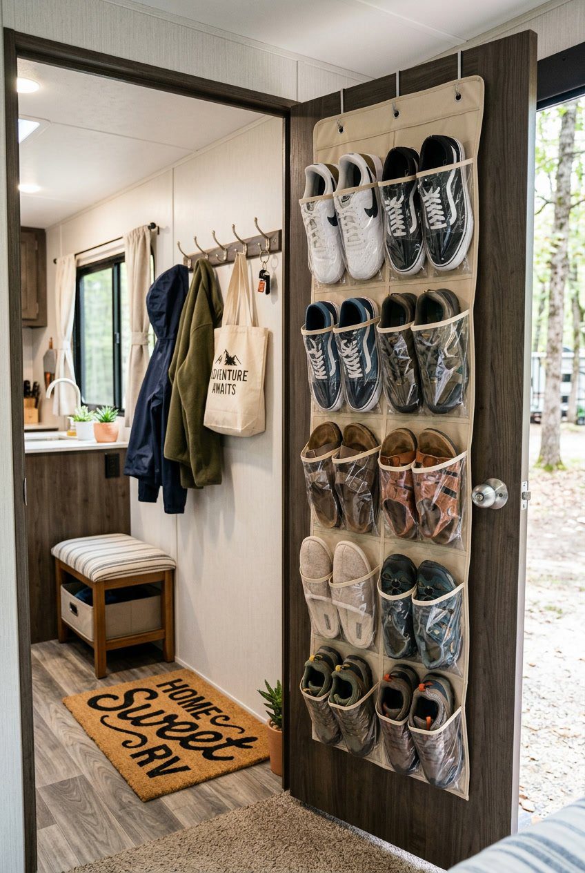 An RV entryway with an over-the-door hanging shoe organizer holding multiple pairs of shoes, along with coats and bags hanging nearby.