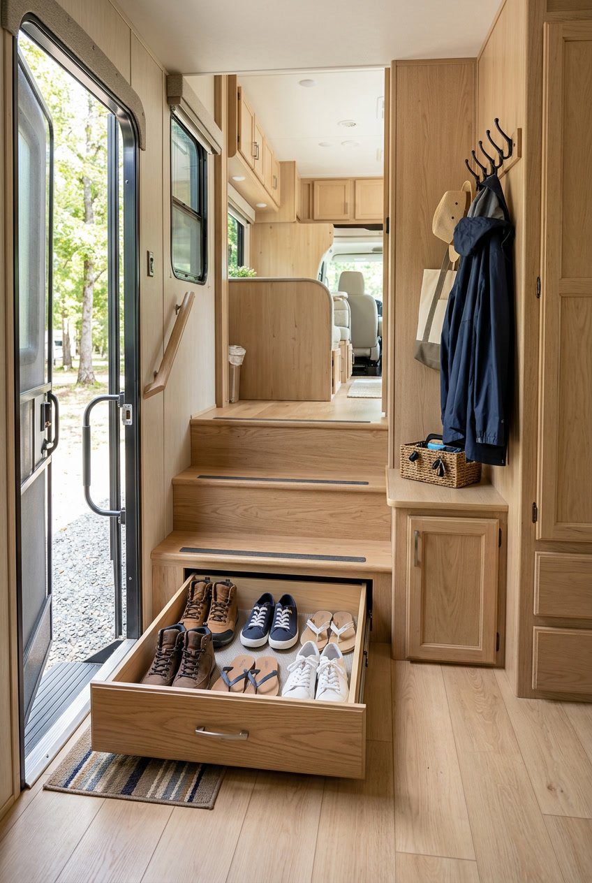 An RV entryway with an open under-step pull-out shoe drawer filled with shoes, and nearby storage for coats and bags.