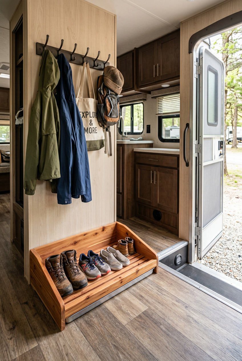 An RV entryway with a cedar boot tray holding shoes, with coats and bags neatly hung nearby.