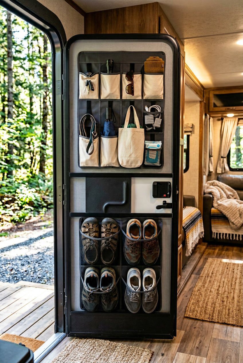 An RV door with velcro-backed storage pouches holding shoes, coats, and bags inside a tidy RV entryway.