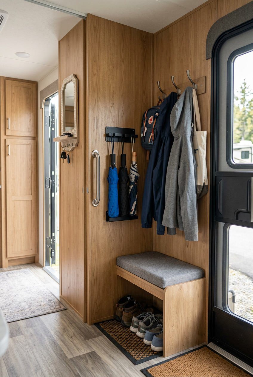 Mounted folding umbrella holder inside an RV entryway with umbrellas, coats, bags, and shoes neatly organized.