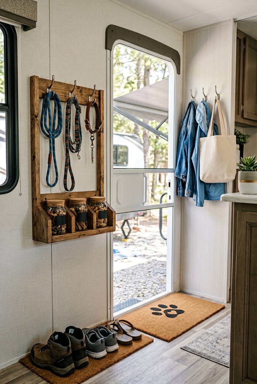 An RV entryway with a mounted leash and dog-treat organizer, showing neatly stored dog leashes, treats, shoes, coats, and bags.