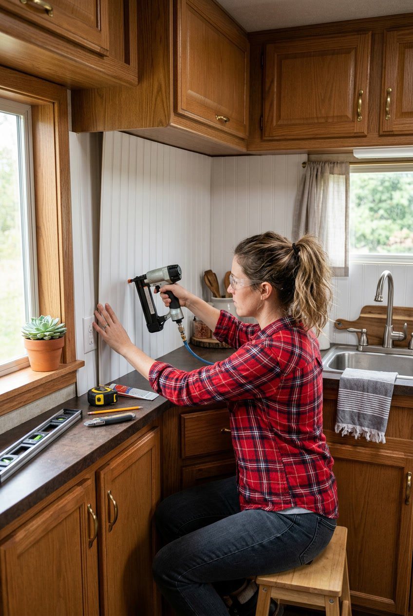 Person installing white beadboard backsplash panels in a small RV kitchen with wooden cabinets and a countertop.