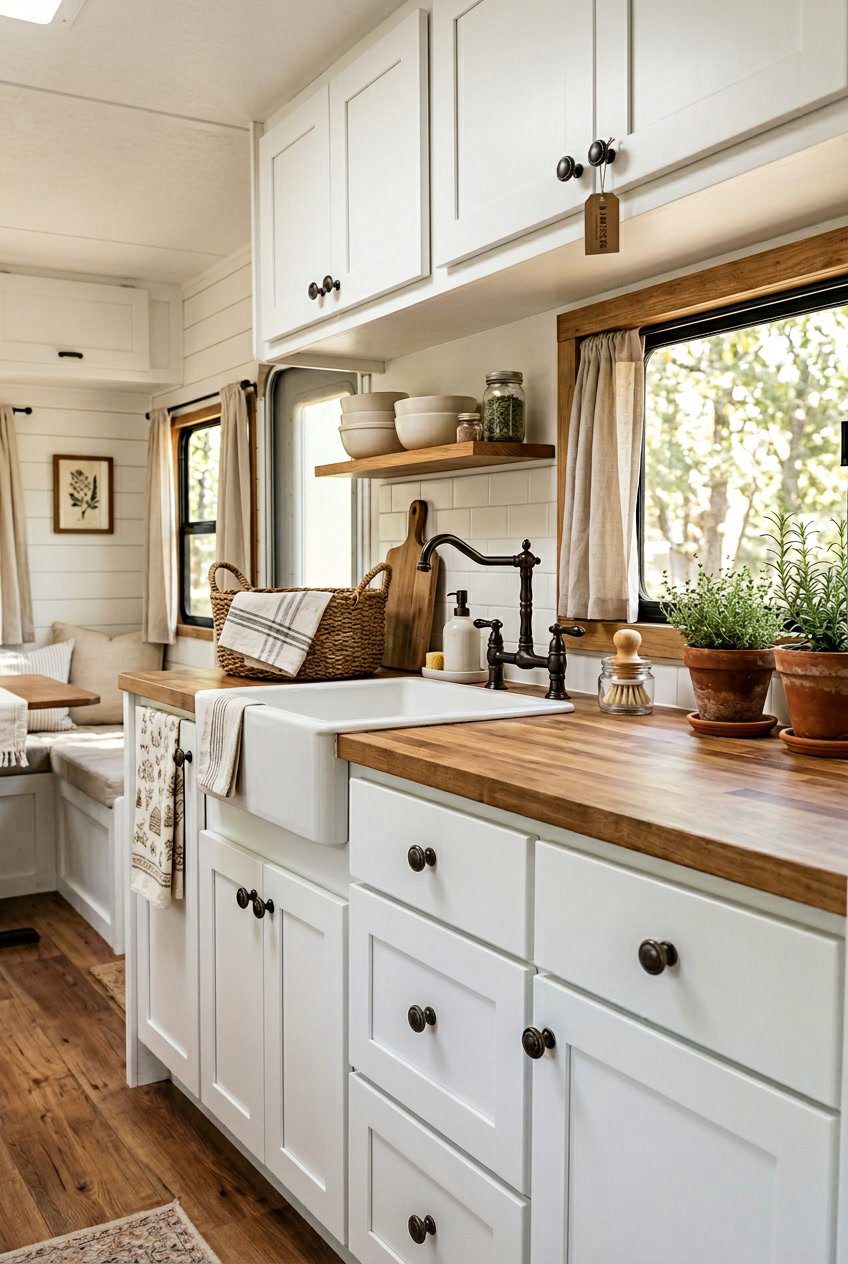 Interior of an RV kitchen with white cabinets featuring dark bronze knobs, a wooden countertop, and a small sink under a window with natural light.
