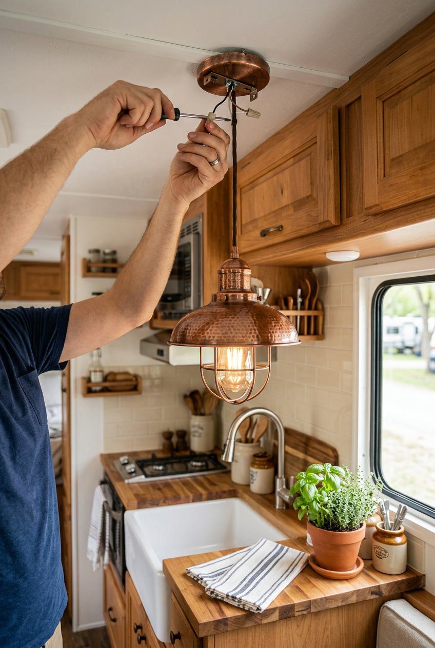 Hands installing a copper pendant light above a kitchen counter inside a camper kitchen.