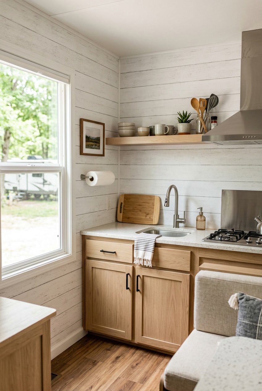 Interior of an RV kitchen with peel-and-stick shiplap wallpaper, wood cabinets, a small sink, and natural light coming through a window.
