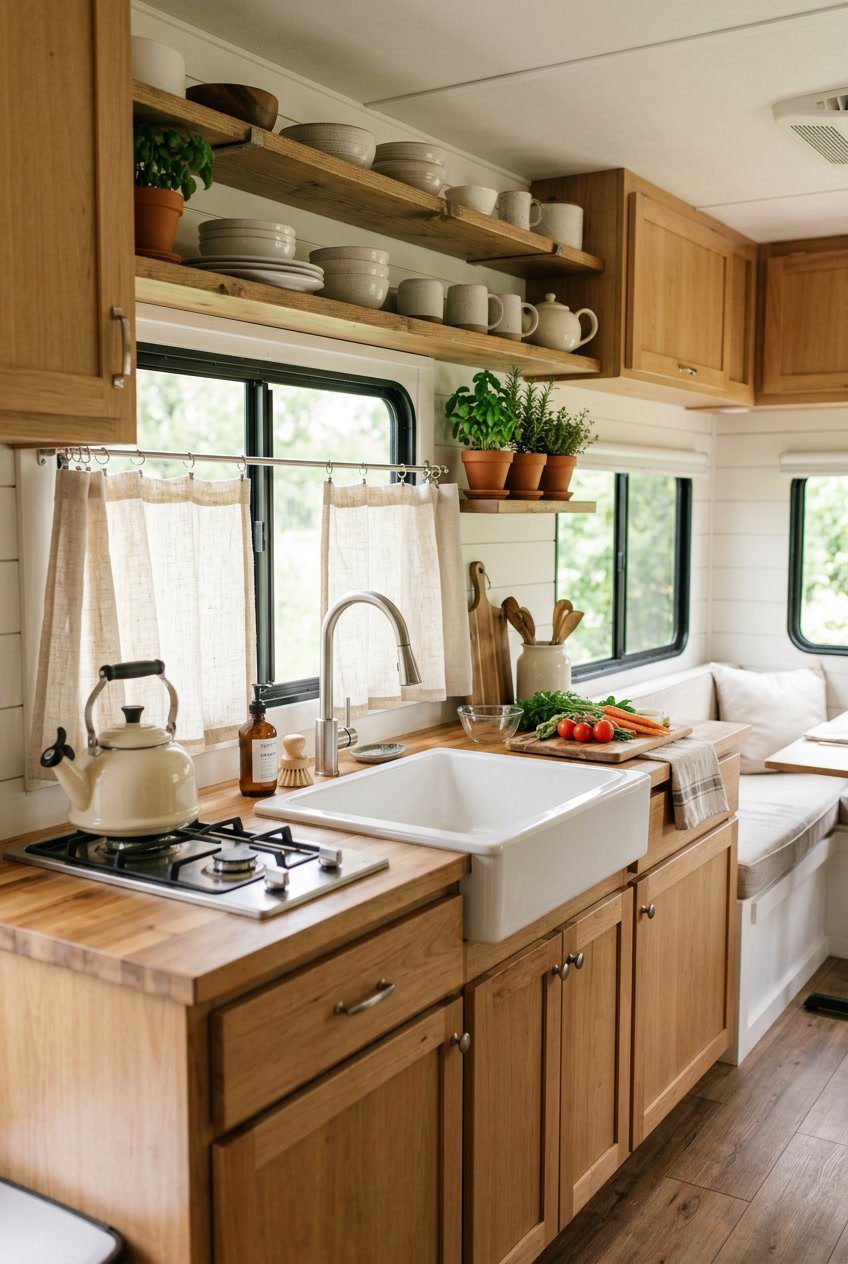 Interior of an RV kitchen with linen cafe curtains on the windows, wooden cabinets, a farmhouse sink, and kitchen items on the countertop.