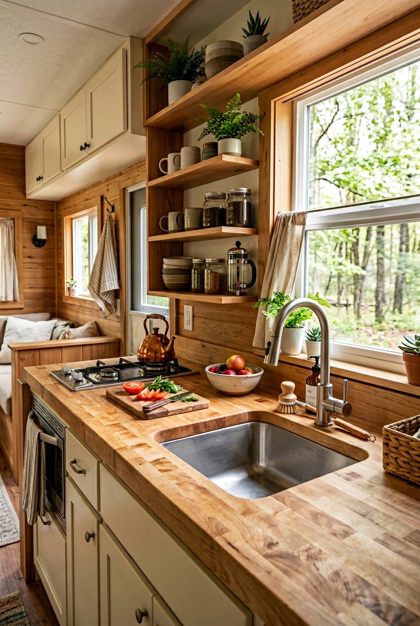 A compact RV kitchen with a wooden butcher block countertop, sink, shelves with kitchen items, and natural light coming through a window.