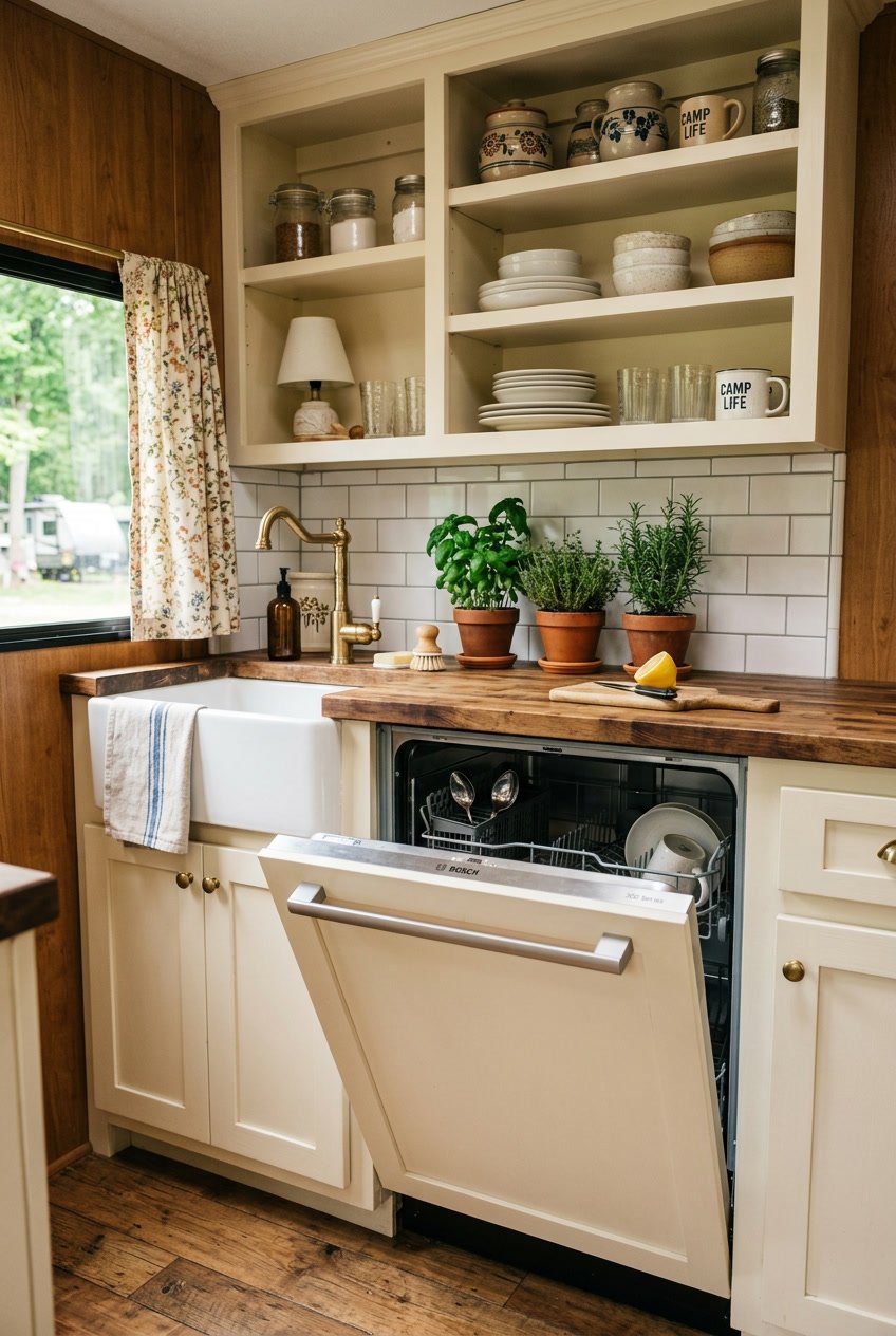 Interior of an RV kitchen with a compact dishwasher under the counter, wooden cabinets, a farmhouse sink, and potted herbs on the countertop.