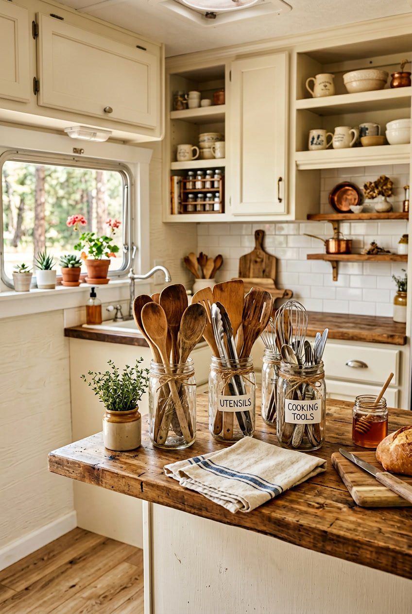 A camper kitchen countertop with mason jars holding utensils, light cabinets, and natural light coming through a window.