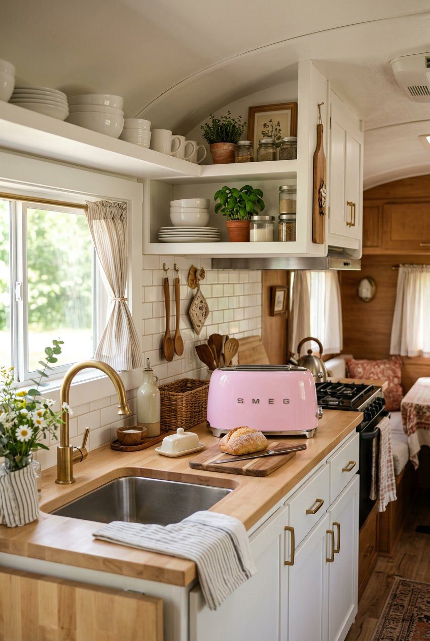 A cozy RV kitchen with a pastel toaster on the countertop, white cabinets, open shelves, and natural light coming through a window.