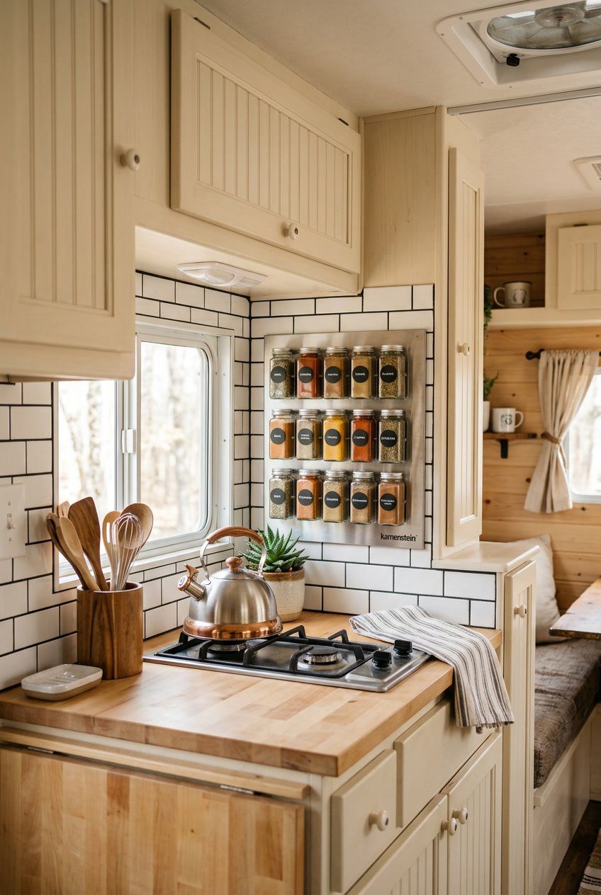 A cozy RV kitchen with a magnetic spice rack holding spice jars mounted on a metal surface, surrounded by light wood cabinets and kitchen utensils.