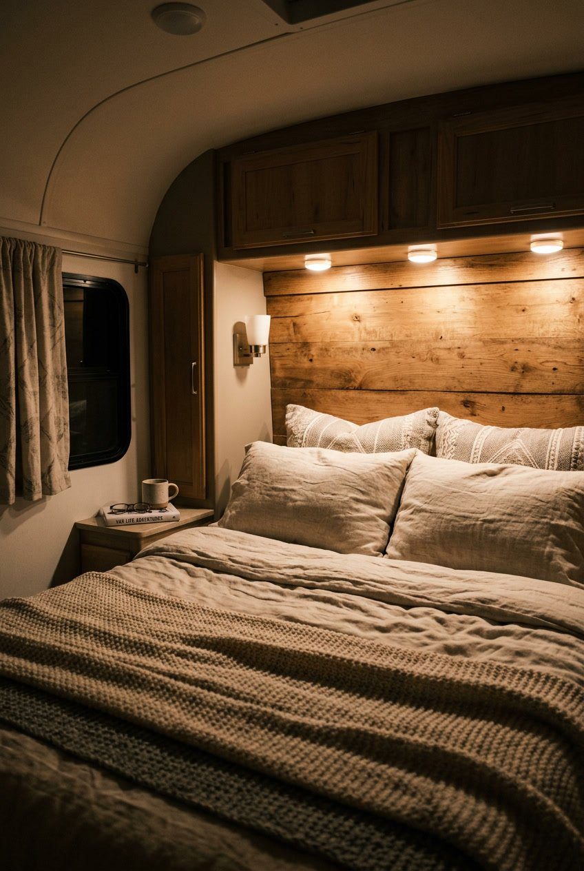 RV bedroom with warm LED puck lights above the headboard illuminating a cozy bed inside a compact space.