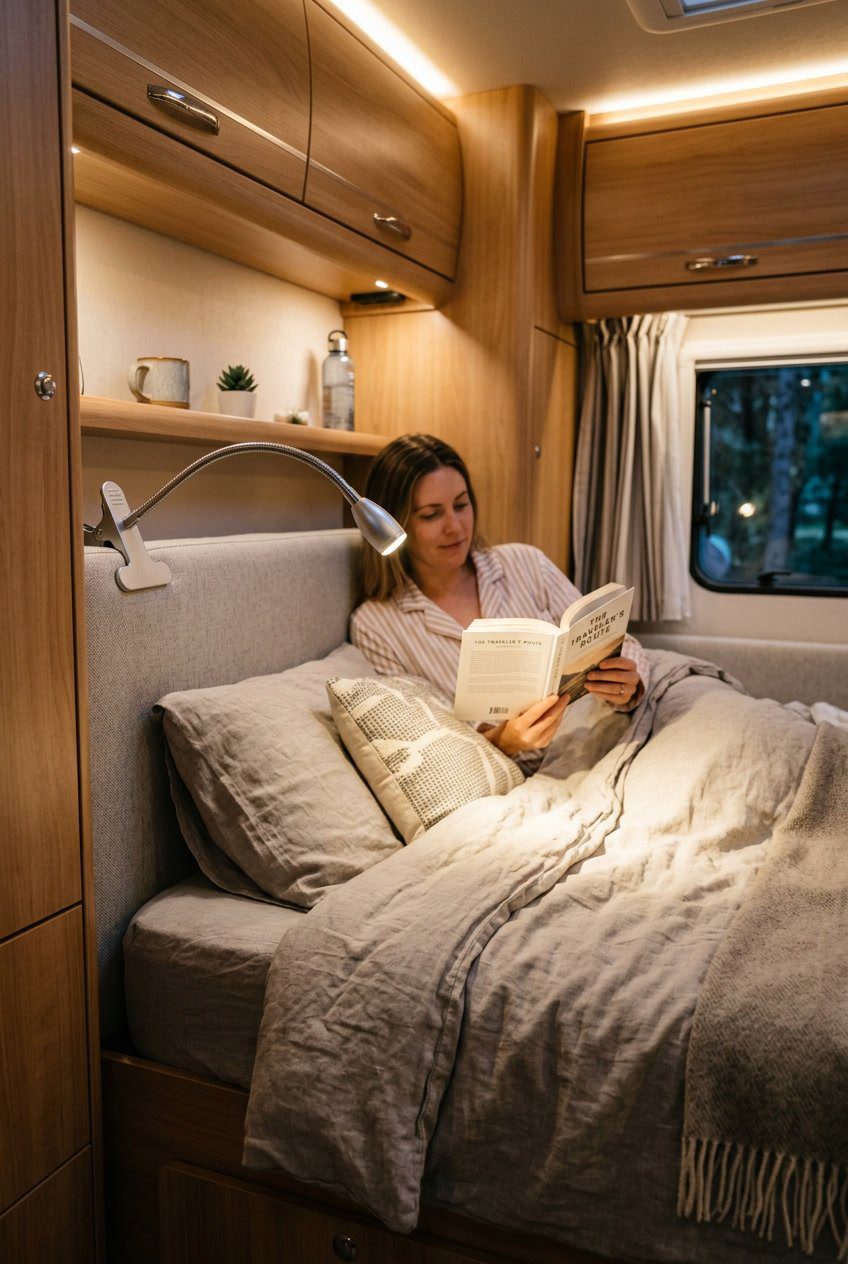 A cozy RV bedroom with a bed and a clip-on flexible reading light attached to the headboard.