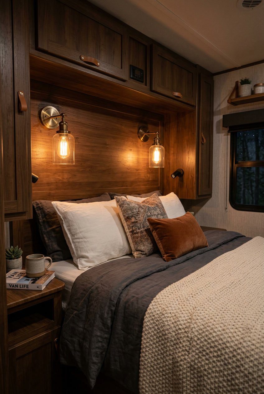 Warm glowing Edison-style LED bulbs in wall sconces lighting a cozy RV bedroom with a bed and pillows.