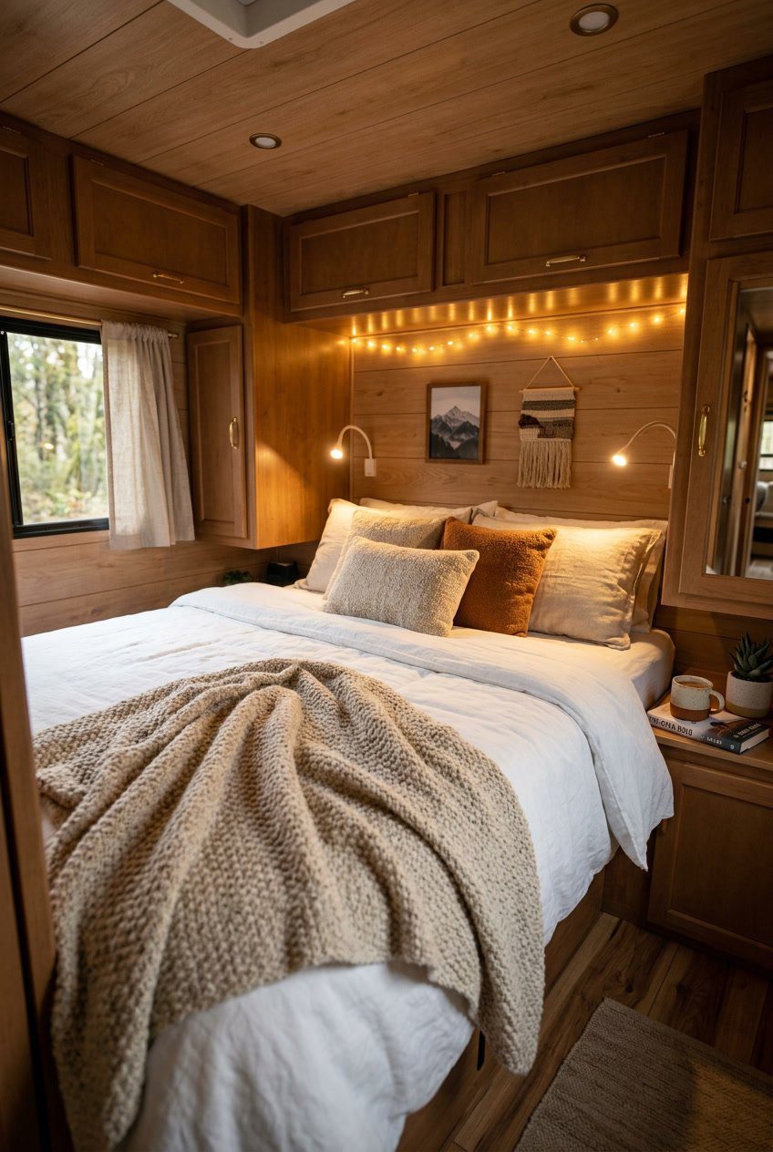 Cozy RV bedroom with a soft wool throw blanket on the bed and warm ambient lighting creating a comfortable sleep space.