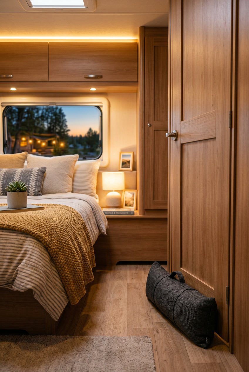 An RV bedroom with a made bed and soft warm lighting, showing a door draft stopper at the bottom of the door.