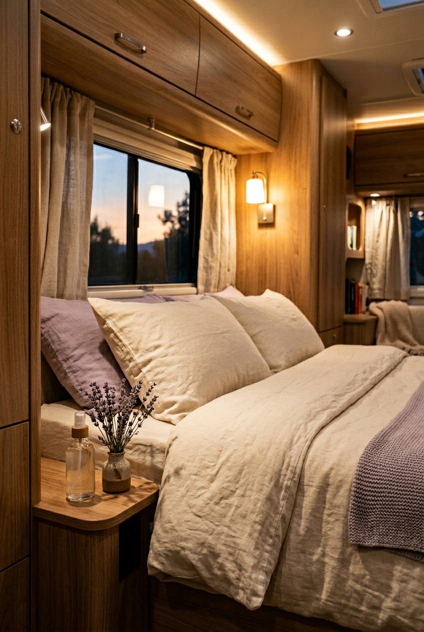 Cozy RV bedroom with warm lighting, a neatly made bed, and a bottle of lavender linen spray on a bedside table next to fresh lavender flowers.