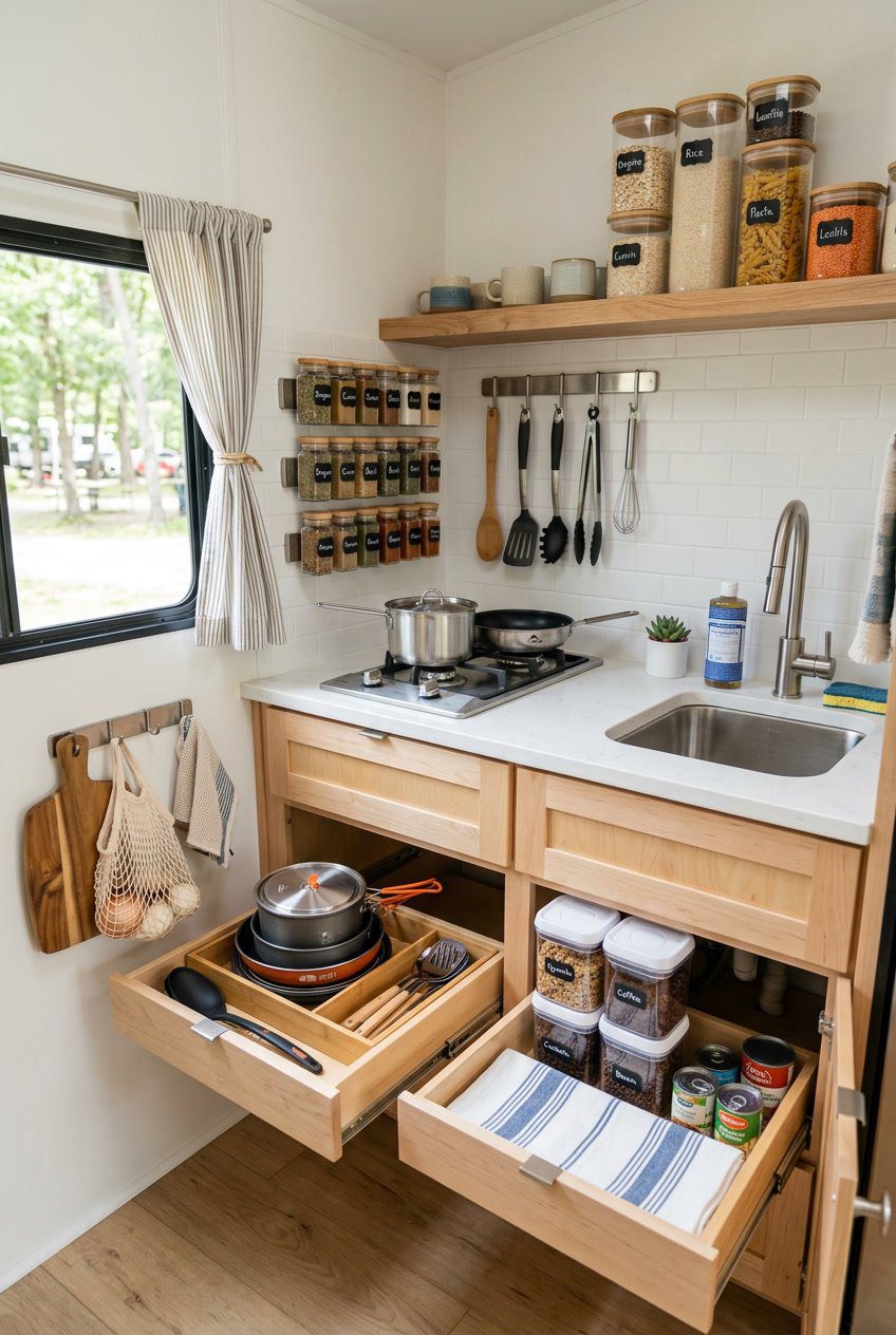A small RV kitchen with organized shelves, hanging racks, and storage containers maximizing space around the sink and stove.