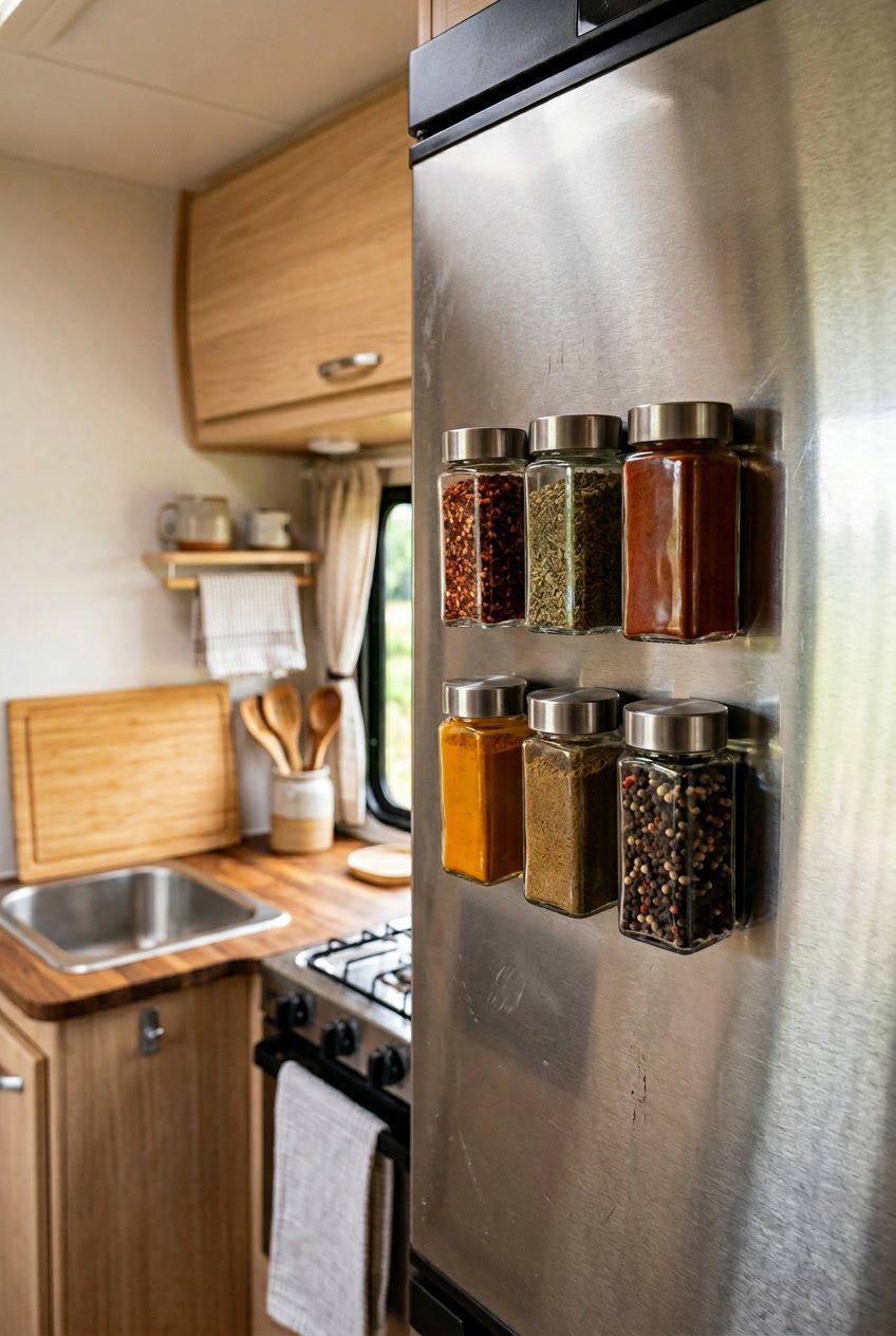 Magnetic spice jars attached to the side of a refrigerator in a small RV kitchen with a compact countertop and sink in the background.