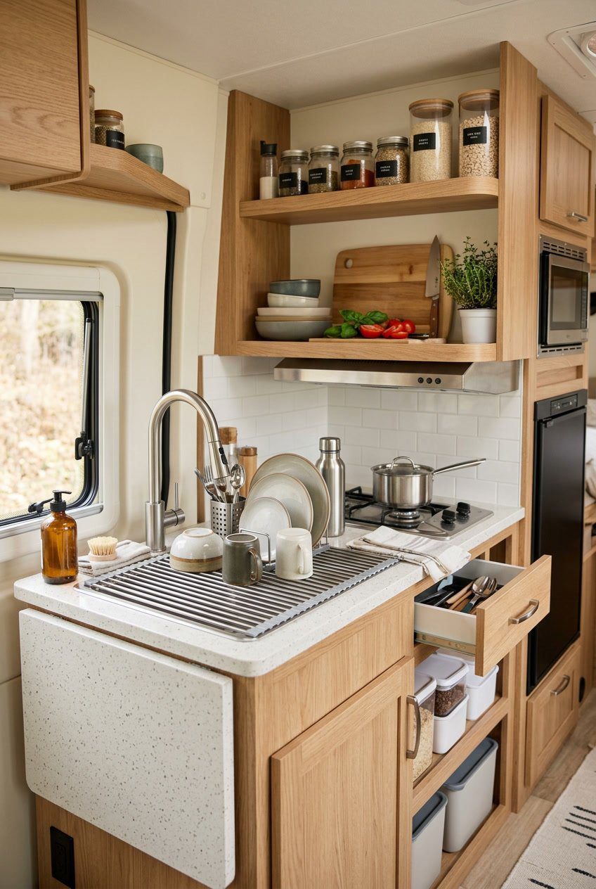 Compact RV kitchen with an over-sink roll-up drying rack extended above the sink, displaying dishes drying and efficient storage in a small camper.