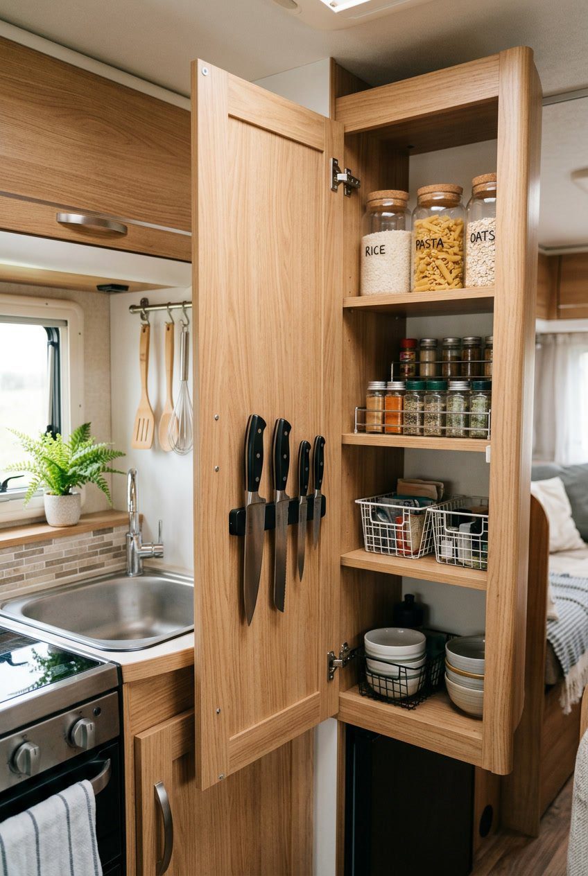 Open RV kitchen cabinet door with an adhesive hook knife holder holding several knives inside a small camper kitchen.