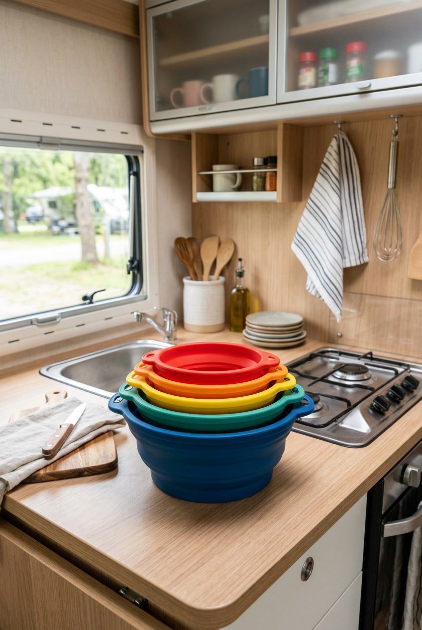 A set of colorful collapsible silicone nesting bowls arranged on a small countertop inside a tiny camper kitchen.