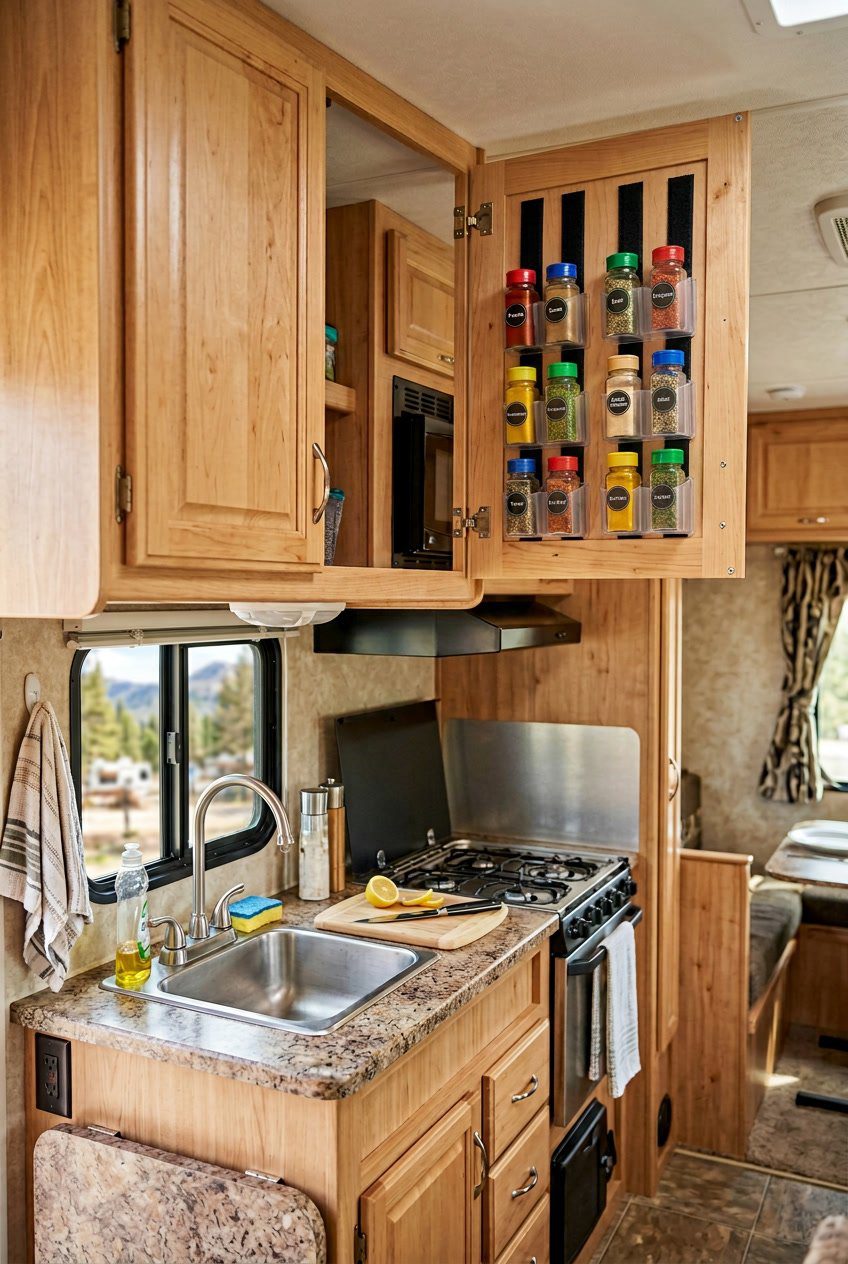 An RV kitchen with upper cabinet doors featuring Velcro-secured spice rack strips holding various spice jars.