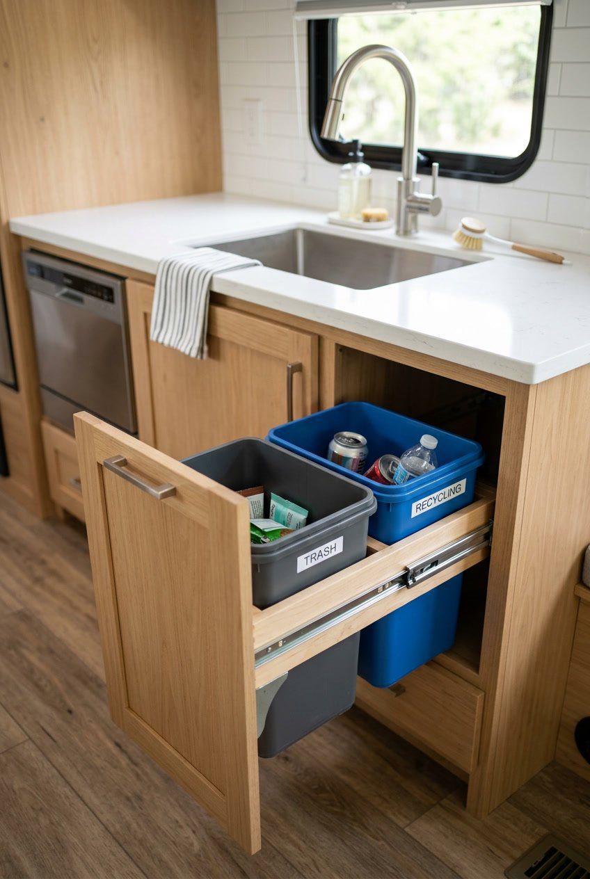 Pull-out trash and recycling bins under the sink in a small RV kitchen.
