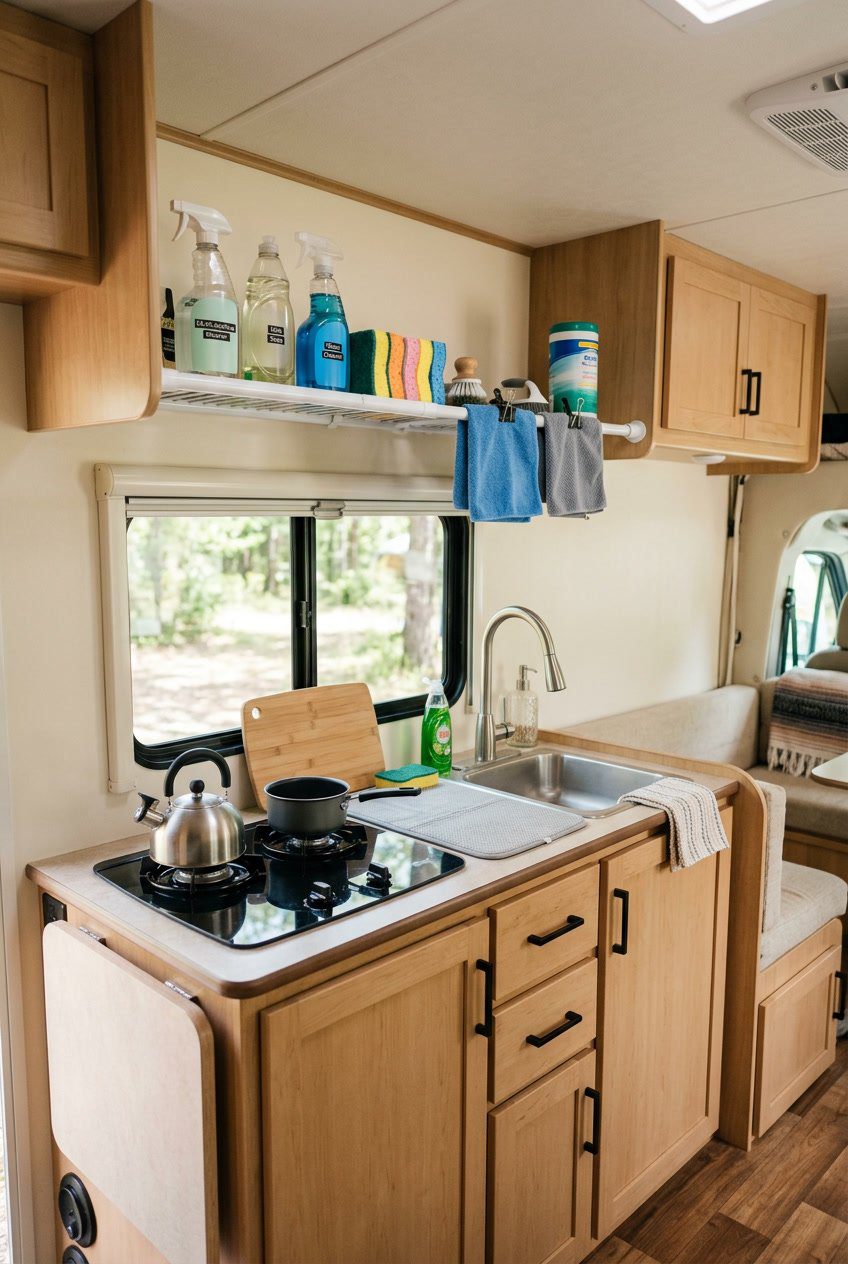 A small RV kitchen with a tension rod shelf holding cleaning supplies above the countertop.