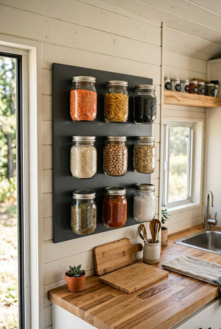 Mason jars with screw-top lids attached to a magnetic board holding various dry goods in a compact kitchen space.