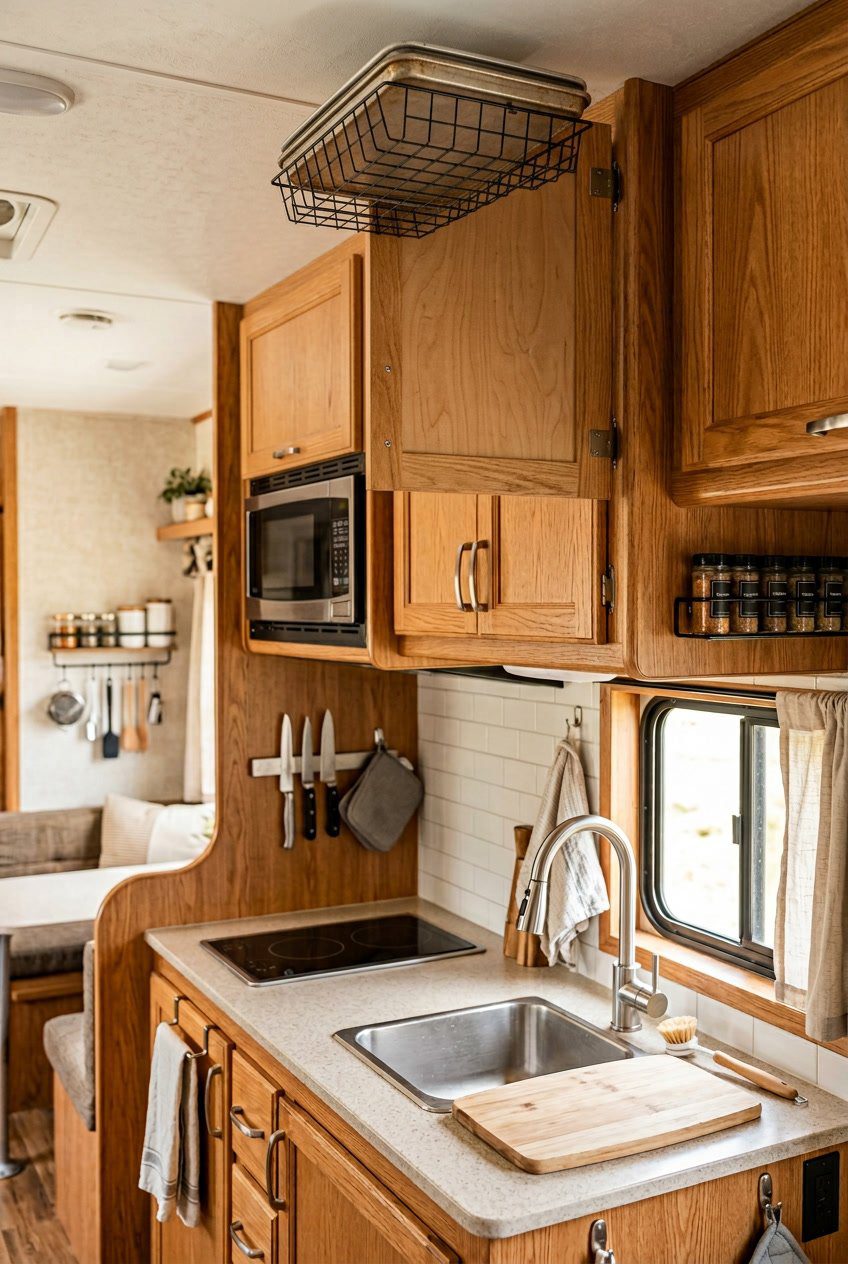 Compact RV kitchen with an over-cabinet basket holding baking sheets above a small countertop and cabinets.