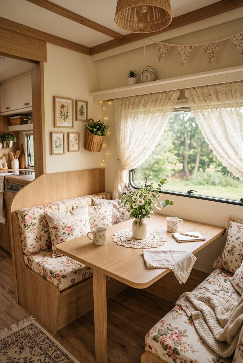 Interior of a camper decorated with floral cushions, lace curtains, fresh flowers on a wooden table, and natural light coming through the windows.