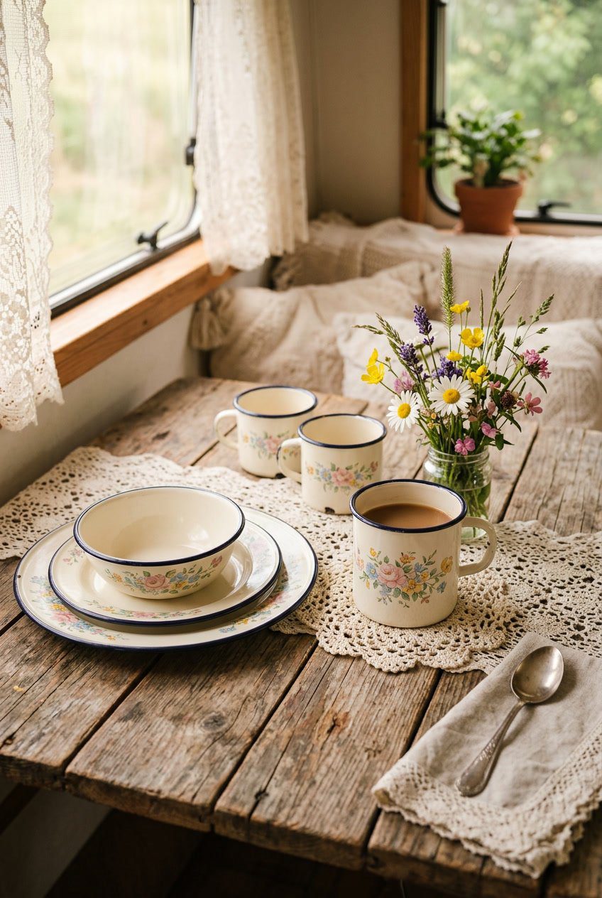 A vintage floral enamelware set with plates, mugs, and bowls on a wooden table, surrounded by lace and wildflowers.