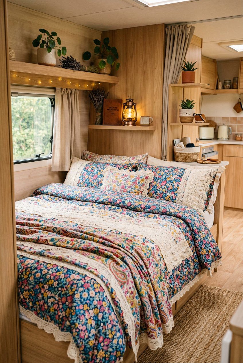 A camper interior with a bed covered in floral and lace patterned bedding throws, surrounded by plants and wooden shelves.