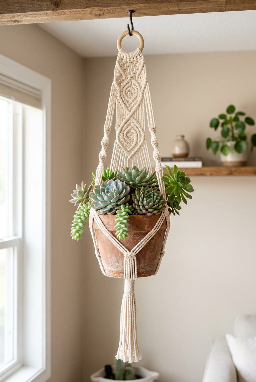 Macramé lace plant hanger holding green succulents hanging indoors against a neutral background.