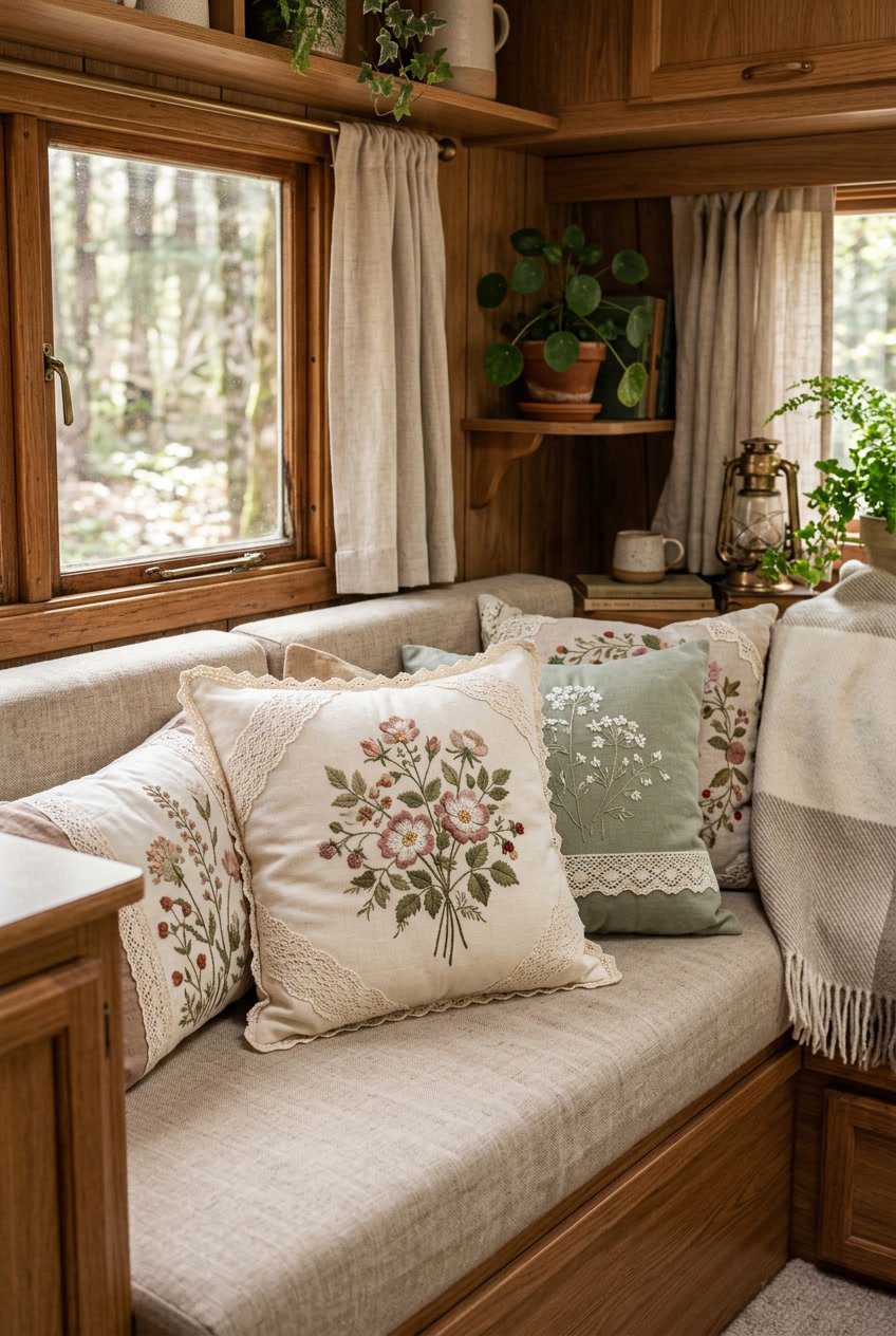 A cozy camper interior with embroidered floral throw pillows arranged on a seating area surrounded by plants and wooden accents.