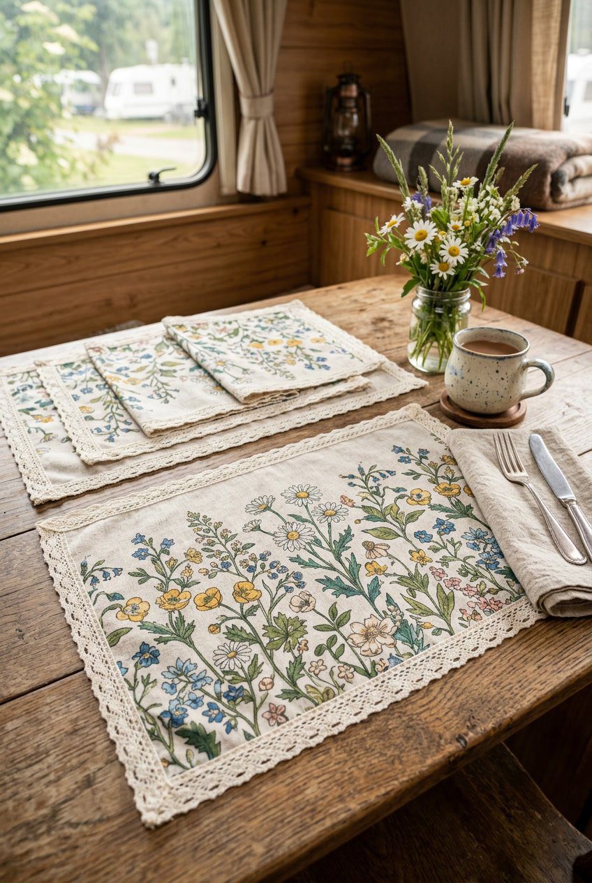 A set of floral-patterned heatproof placemats arranged on a wooden table with small wildflowers, a ceramic mug, and a folded napkin.