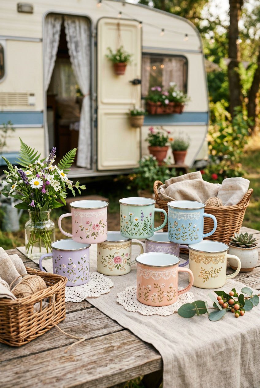 A collection of pastel enamel travel mugs with floral and lace designs displayed on a wooden table with flowers and lace decorations.