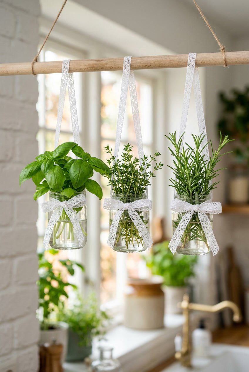 Small hanging herb garden with glass jars tied by white lace ribbons, filled with fresh green herbs.