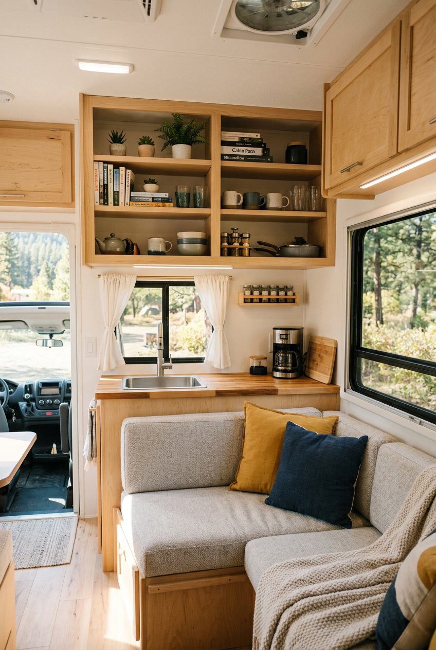 Interior of an RV living room with open shelving where upper cabinet doors have been removed, showing organized shelves with plants and kitchen items.