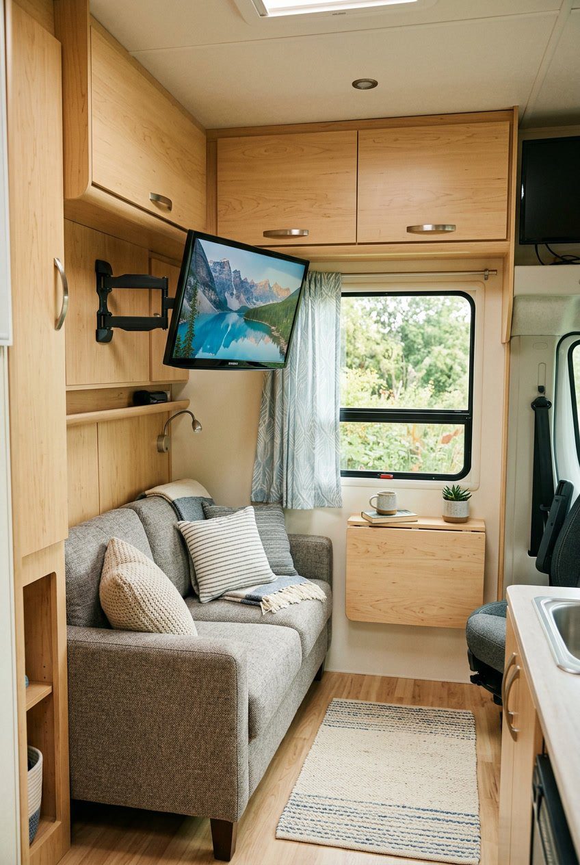 Interior of a small RV living room with a wall-mounted swiveling TV above a couch and light wood cabinets.
