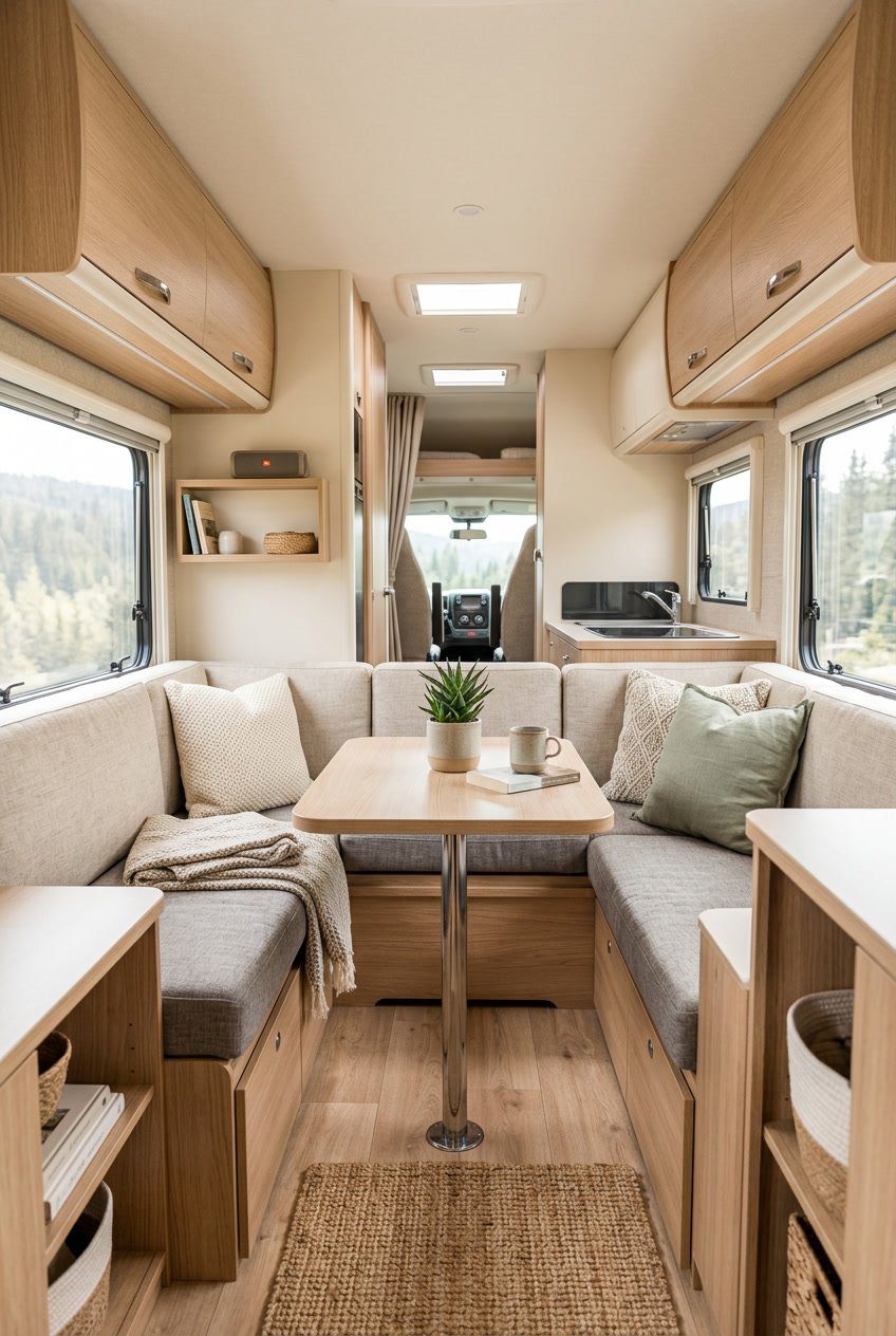 Interior of a small RV living room with a removable pedestal table and built-in seating, brightened by natural light from large windows.