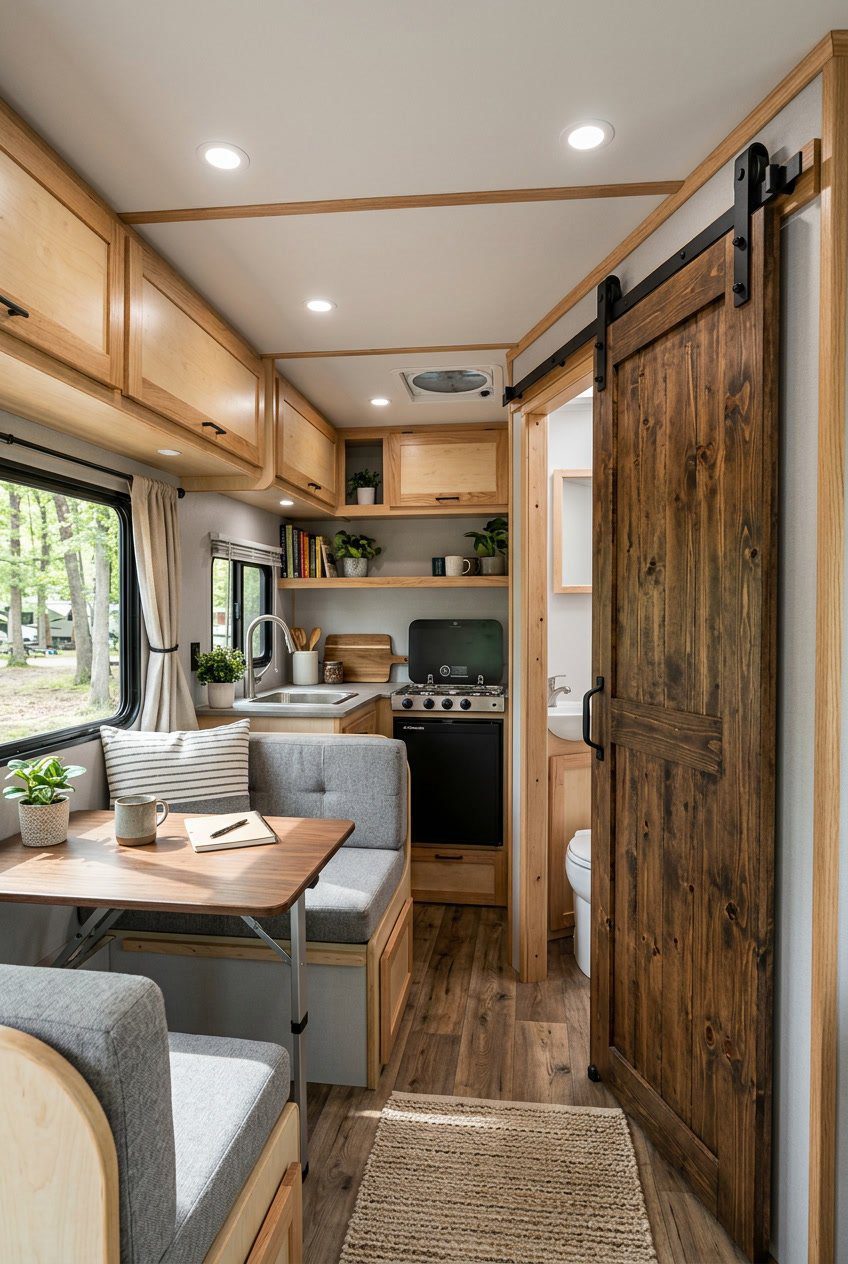 Interior of a small camper with a sliding barn door separating the bathroom from the living area, showing a compact and open RV living room layout.