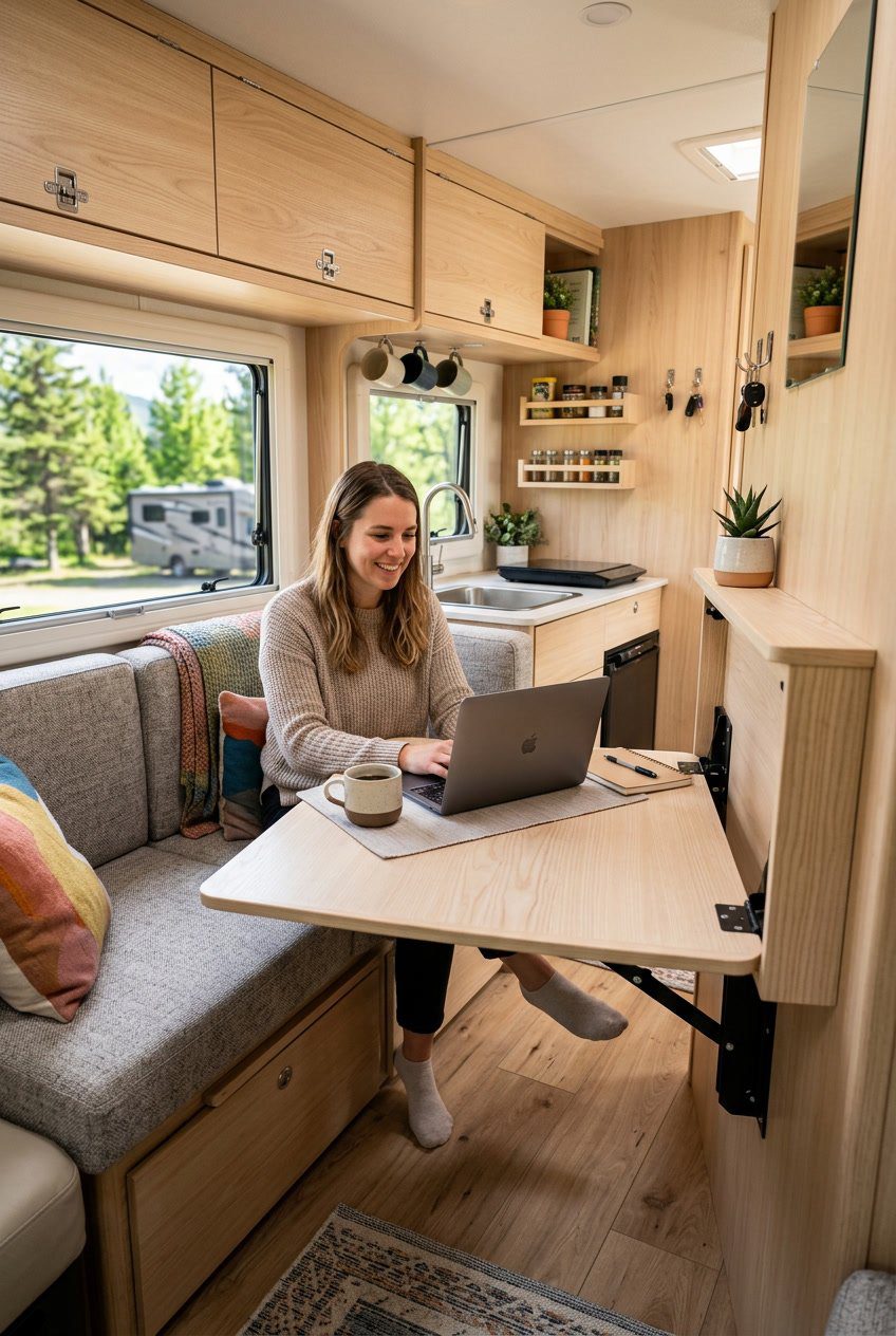 Small camper living room with a fold-down drop-leaf table mounted on the wall and cozy seating.